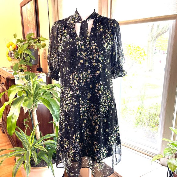 DKNY Women's Fit and Flare Short Sleeve Tie Neck Dress - Picture 1 of 10